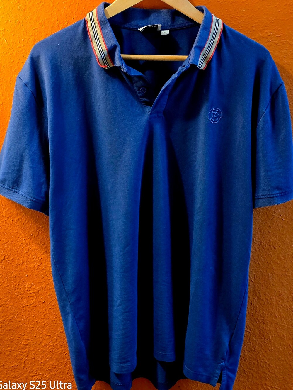 Burberry London TB Logo Men's Blue Polo Shirt with Contrast Collar